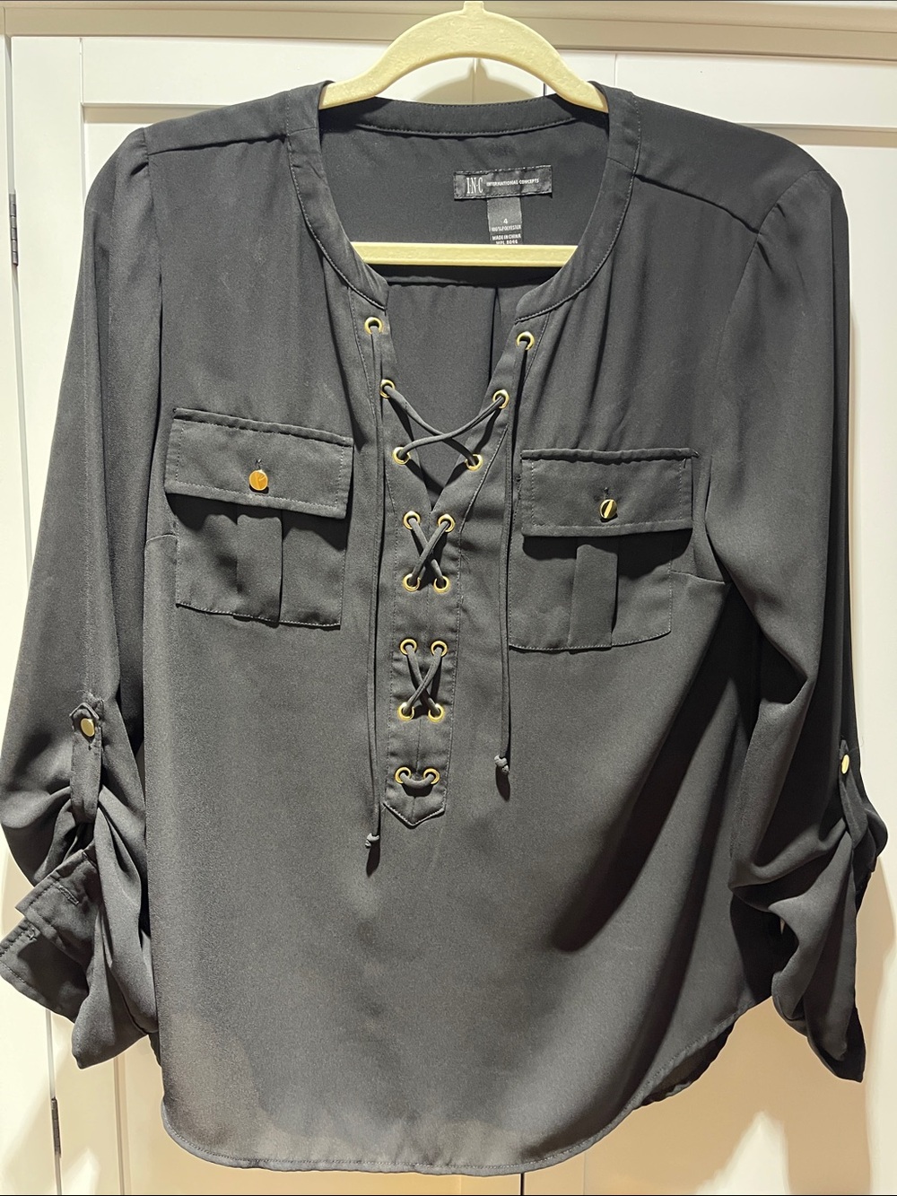 INC International Concepts Black Lace-Up Utility Blouse with Button-Flap Pockets